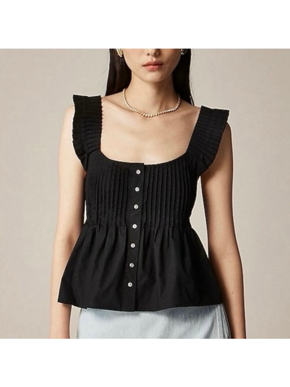 NWT J.Crew Pintuck Cotton Poplin Ruffle Sleeve Peplum Top In Black Size XS